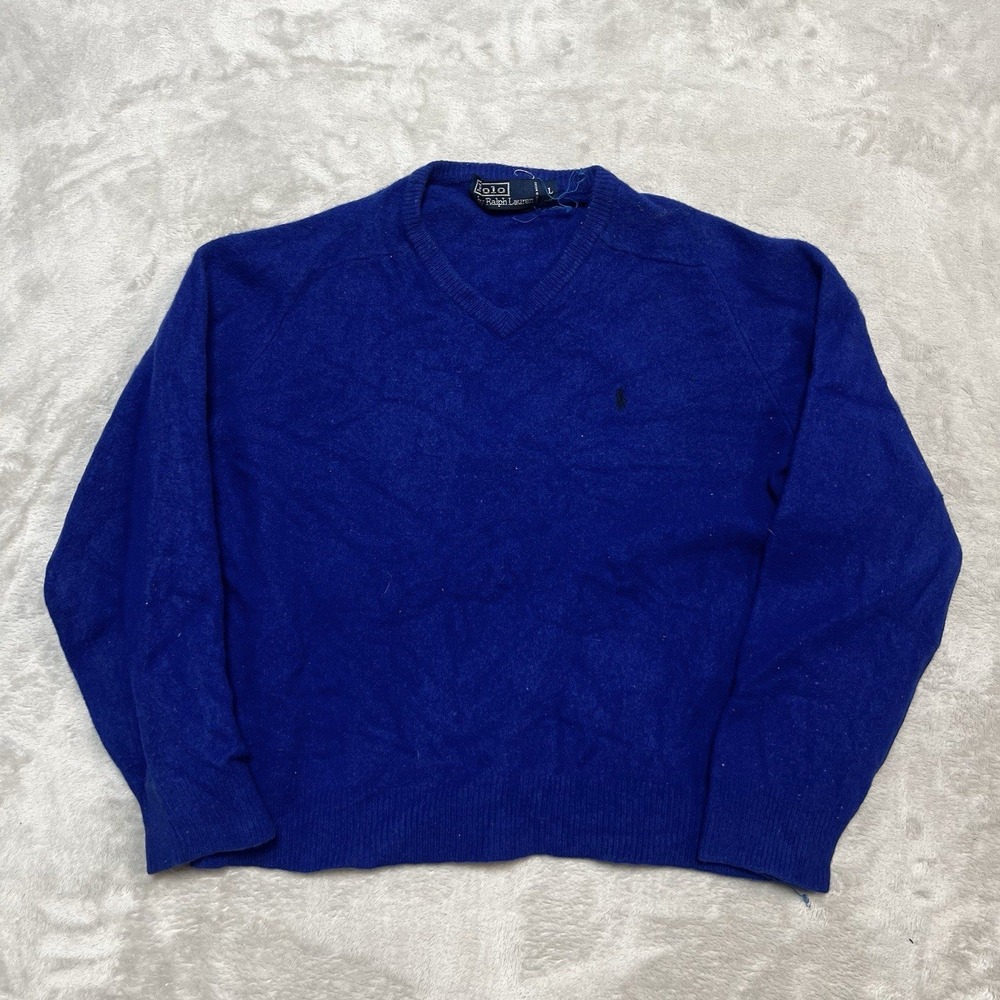 Polo Ralph Lauren Mens Large Royal Blue 100% Lambswool V-Neck Sweater Pony Logo
